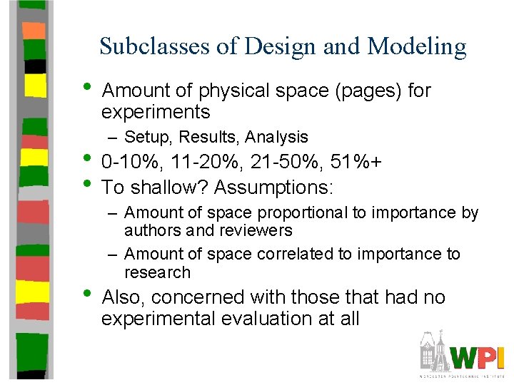 Subclasses of Design and Modeling • Amount of physical space (pages) for experiments –