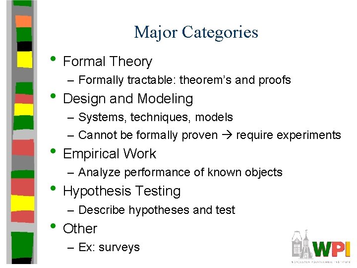 Major Categories • Formal Theory – Formally tractable: theorem’s and proofs • Design and