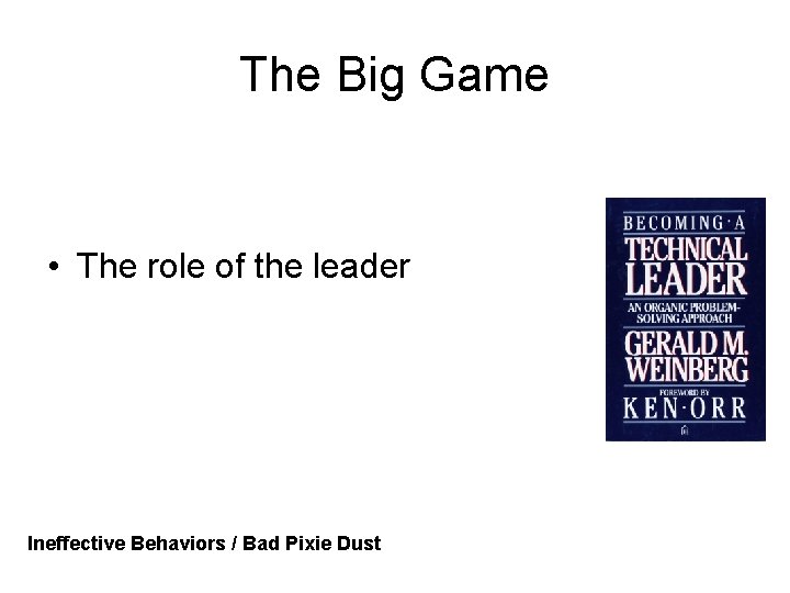 The Big Game • The role of the leader Ineffective Behaviors / Bad Pixie