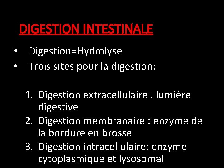 DIGESTION INTESTINALE • Digestion=Hydrolyse • Trois sites pour la digestion: 1. Digestion extracellulaire :