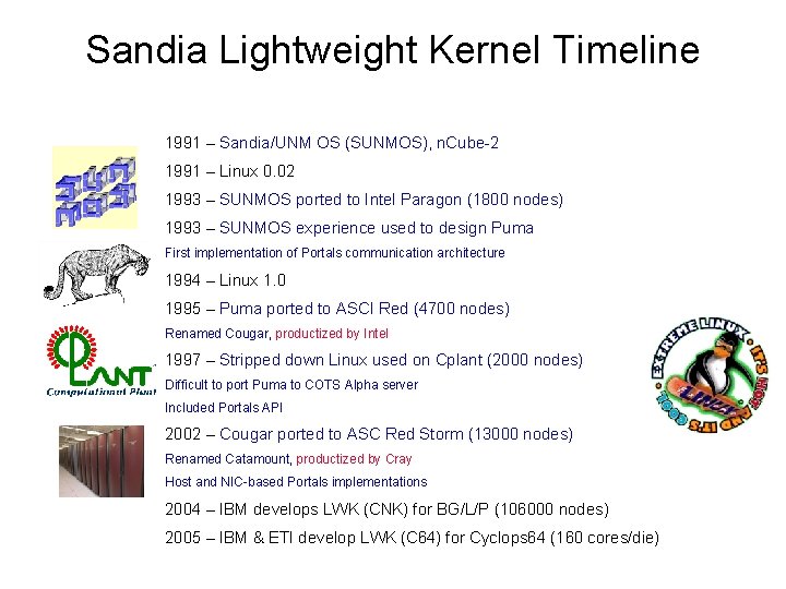 Sandia Lightweight Kernel Timeline 1991 – Sandia/UNM OS (SUNMOS), n. Cube-2 1991 – Linux