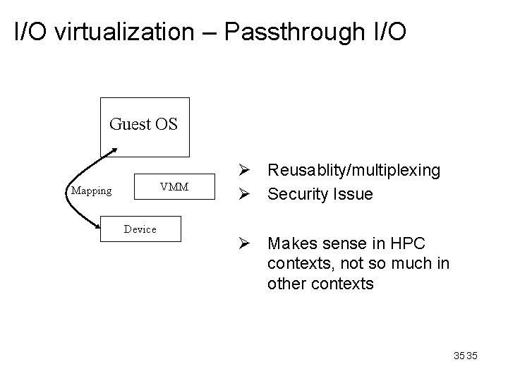 I/O virtualization – Passthrough I/O Guest OS VMM Mapping Device Ø Reusablity/multiplexing Ø Security