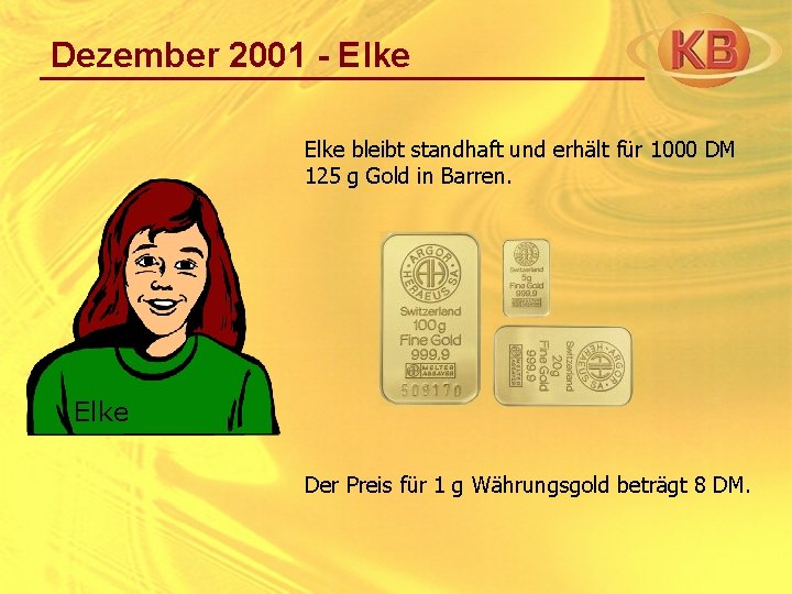 Dezember 2001 - Elke bleibt standhaft und erhält für 1000 DM 125 g Gold