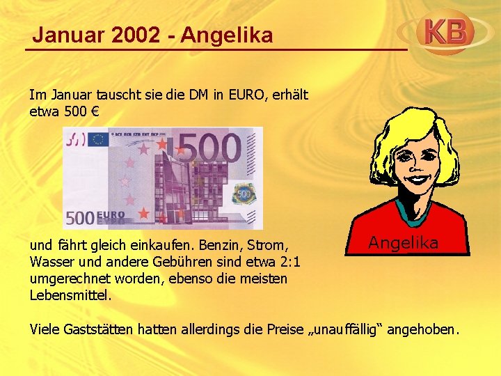 Januar 2002 - Angelika Im Januar tauscht sie die DM in EURO, erhält etwa