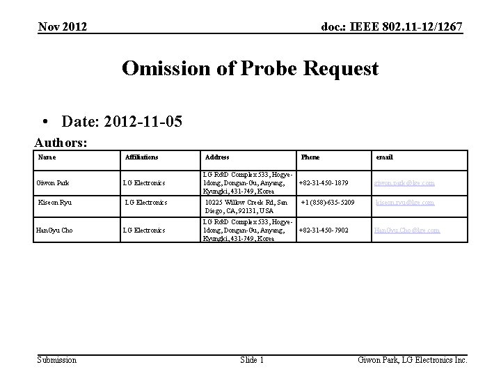 Nov 2012 doc. : IEEE 802. 11 -12/1267 Omission of Probe Request • Date:
