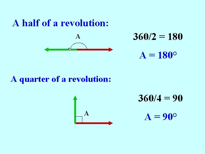 Degrees A half of a revolution: 360/2 = 180 A A = 180° A