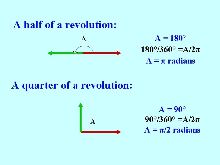 Degrees A half of a revolution: A = 180°/360° =A/2π A = π radians
