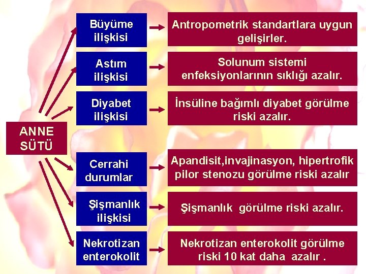 Büyüme ilişkisi Antropometrik standartlara uygun gelişirler. Astım ilişkisi Solunum sistemi enfeksiyonlarının sıklığı azalır. Diyabet