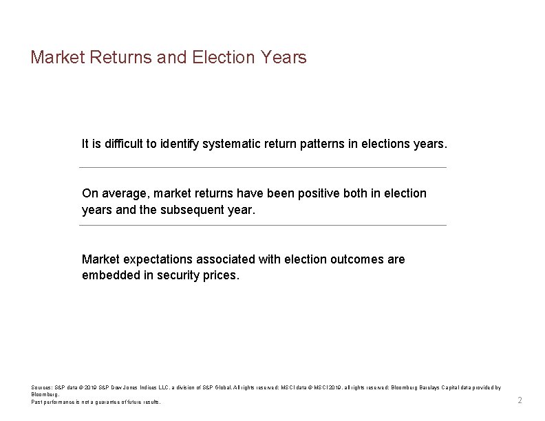 Market Returns and Election Years It is difficult to identify systematic return patterns in Market Returns and Election Years It is difficult to identify systematic return patterns in