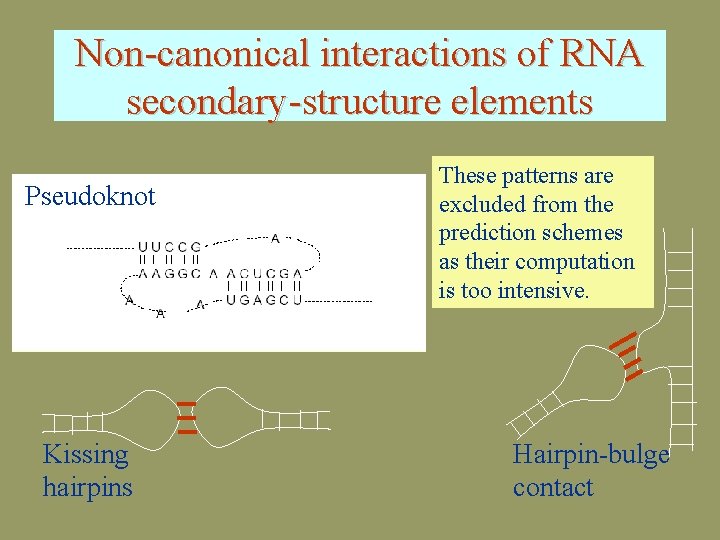 Non-canonical interactions of RNA secondary-structure elements Pseudoknot Kissing hairpins These patterns are excluded from