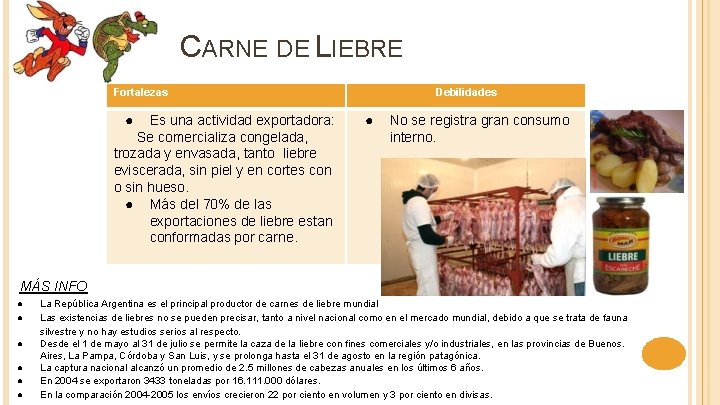 CARNE DE LIEBRE Fortalezas ● Es una actividad exportadora: Se comercializa congelada, trozada y