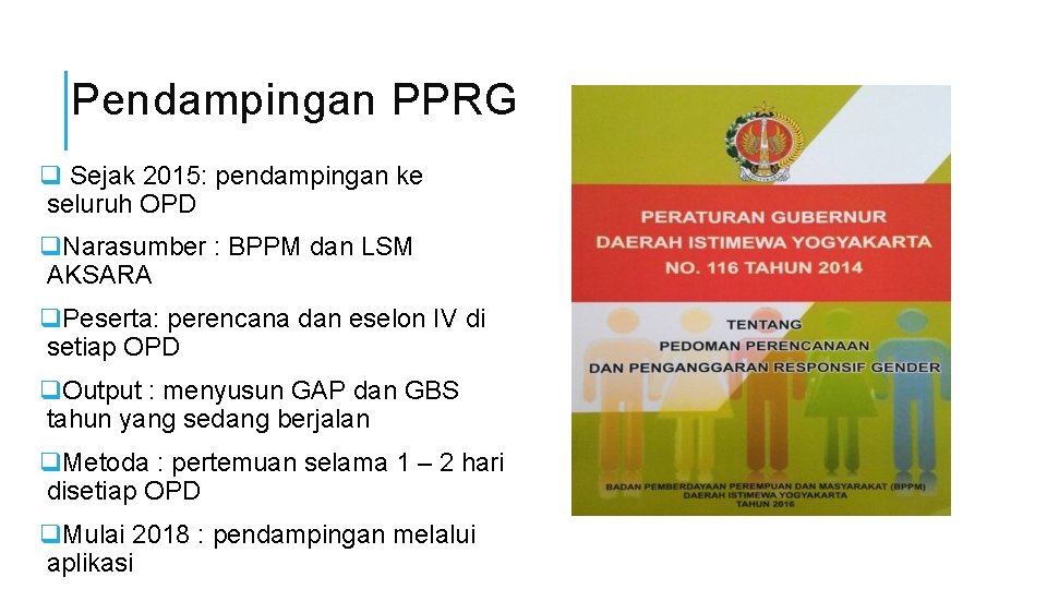 Pendampingan PPRG q Sejak 2015: pendampingan ke seluruh OPD q. Narasumber : BPPM dan