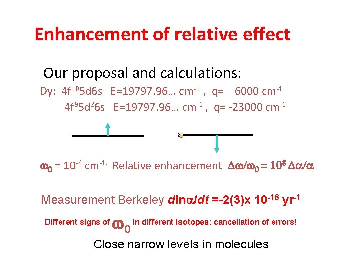 Enhancement of relative effect Our proposal and calculations: Dy: 4 f 105 d 6