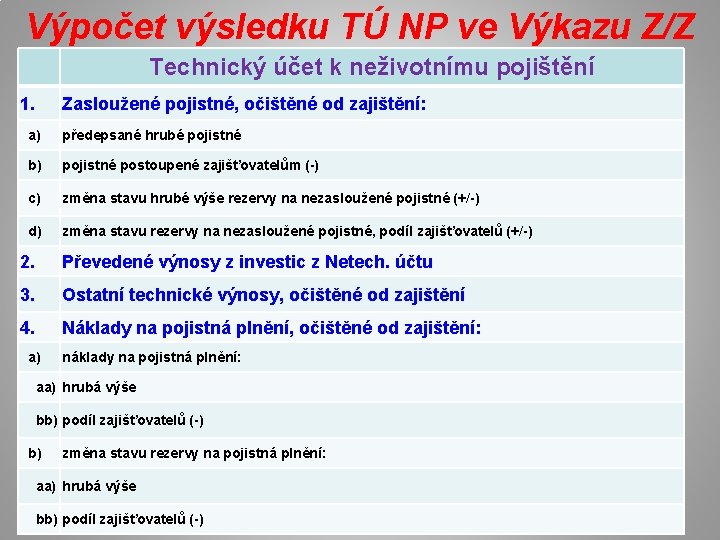 Výpočet výsledku TÚ NP ve Výkazu Z/Z Technický účet k neživotnímu pojištění 1. Zasloužené