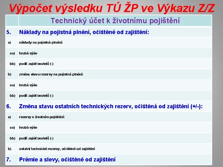 Výpočet výsledku TÚ ŽP ve Výkazu Z/Z Technický účet k životnímu pojištění 5. a)