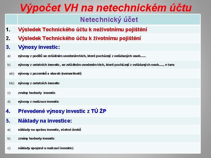 Výpočet VH na netechnickém účtu Netechnický účet 1. Výsledek Technického účtu k neživotnímu pojištění