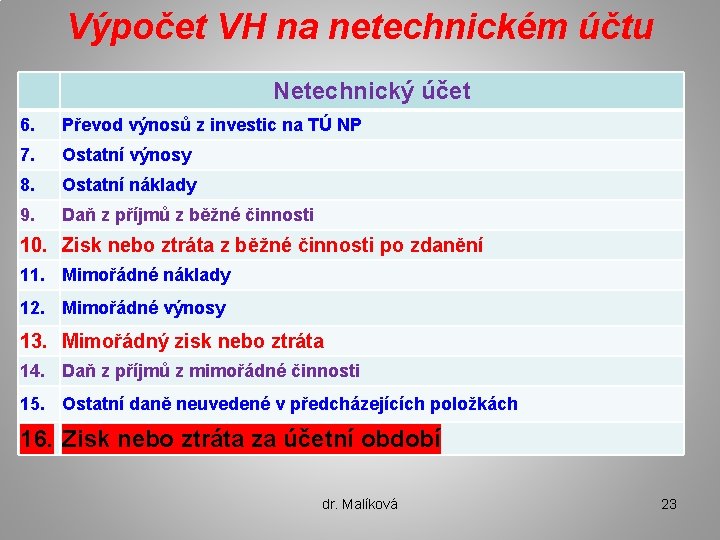 Výpočet VH na netechnickém účtu Netechnický účet 6. Převod výnosů z investic na TÚ