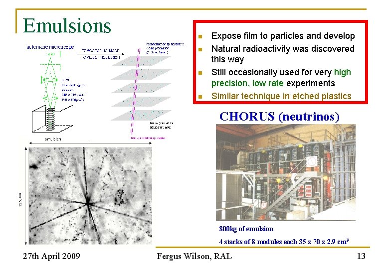Emulsions n n Expose film to particles and develop Natural radioactivity was discovered this