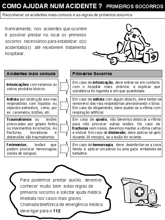 COMO AJUDAR NUM ACIDENTE ? PRIMEIROS SOCORROS Reconhecer os acidentes mais comuns e as