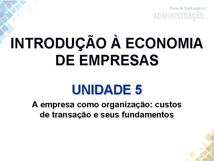 INTRODUÇÃO À ECONOMIA DE EMPRESAS UNIDADE 5 A empresa como organização: custos de transação