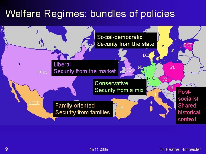 Welfare Regimes: bundles of policies Social-democratic Security from the state EST S DK USA