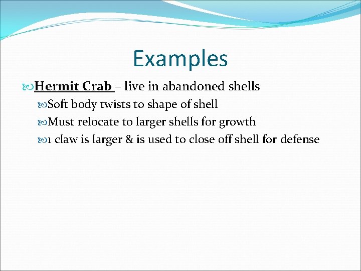 Examples Hermit Crab – live in abandoned shells Soft body twists to shape of