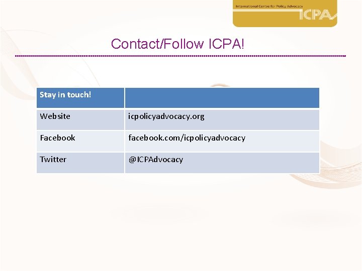 Contact/Follow ICPA! Stay in touch! Website icpolicyadvocacy. org Facebook facebook. com/icpolicyadvocacy Twitter @ICPAdvocacy 