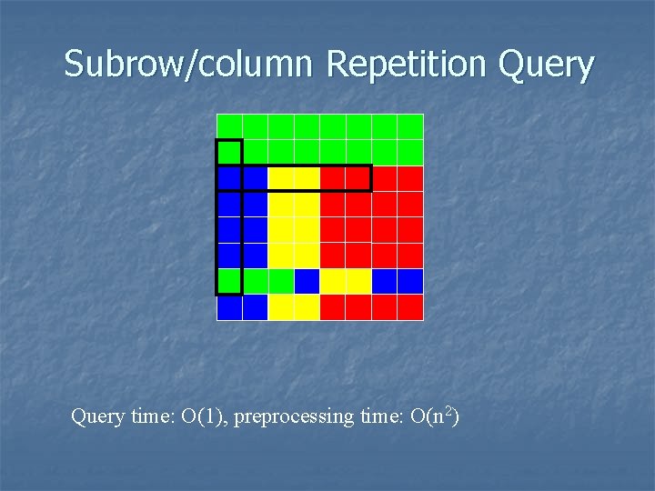 Subrow/column Repetition Query time: O(1), preprocessing time: O(n 2) 