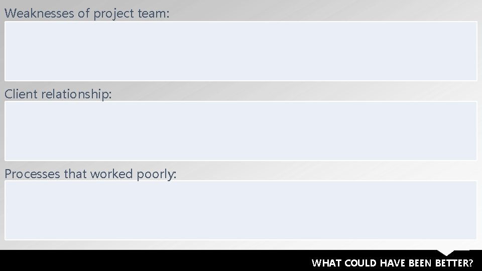 Weaknesses of project team: Client relationship: Processes that worked poorly: WHAT COULD HAVE BEEN