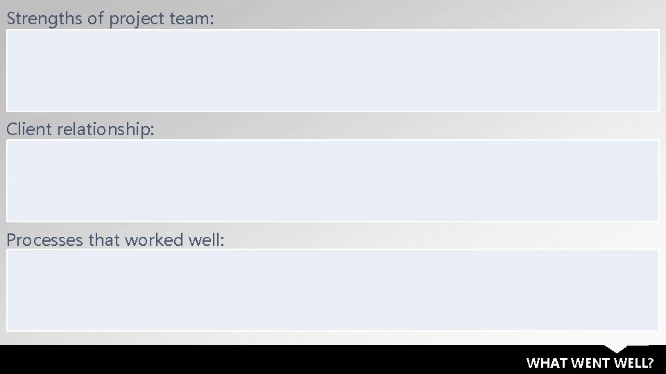 Strengths of project team: Client relationship: Processes that worked well: WHAT WENT WELL? 