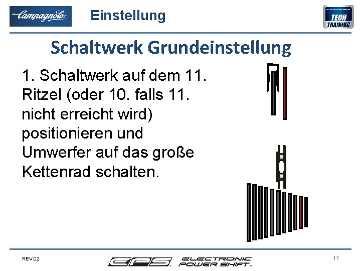 Einstellung Schaltwerk Grundeinstellung 1. Schaltwerk auf dem 11. Ritzel (oder 10. falls 11. nicht
