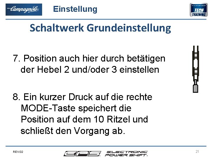 Einstellung Schaltwerk Grundeinstellung 7. Position auch hier durch betätigen der Hebel 2 und/oder 3