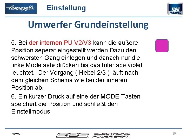 Einstellung Umwerfer Grundeinstellung 5. Bei der internen PU V 2/V 3 kann die äußere