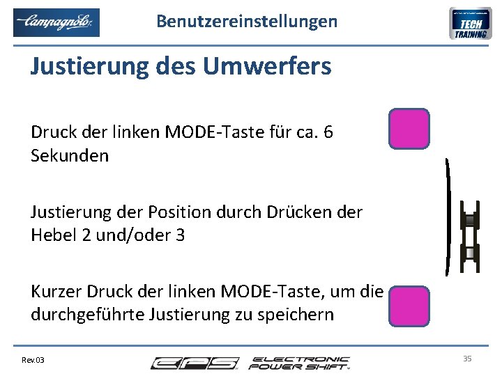 Benutzereinstellungen Justierung des Umwerfers Druck der linken MODE-Taste für ca. 6 Sekunden Justierung der