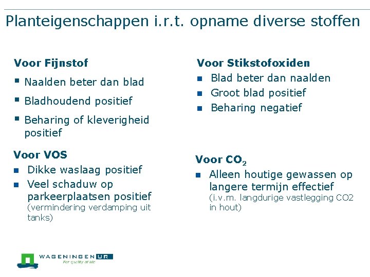 Planteigenschappen i. r. t. opname diverse stoffen Voor Fijnstof § Naalden beter dan blad