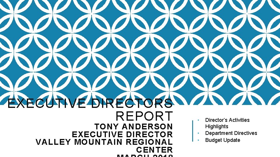 EXECUTIVE DIRECTORS REPORT TONY ANDERSON EXECUTIVE DIRECTOR VALLEY MOUNTAIN REGIONAL CENTER • • • EXECUTIVE DIRECTORS REPORT TONY ANDERSON EXECUTIVE DIRECTOR VALLEY MOUNTAIN REGIONAL CENTER • • •
