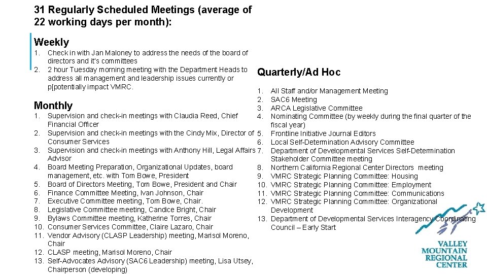 31 Regularly Scheduled Meetings (average of 22 working days per month): Weekly 1. 2.