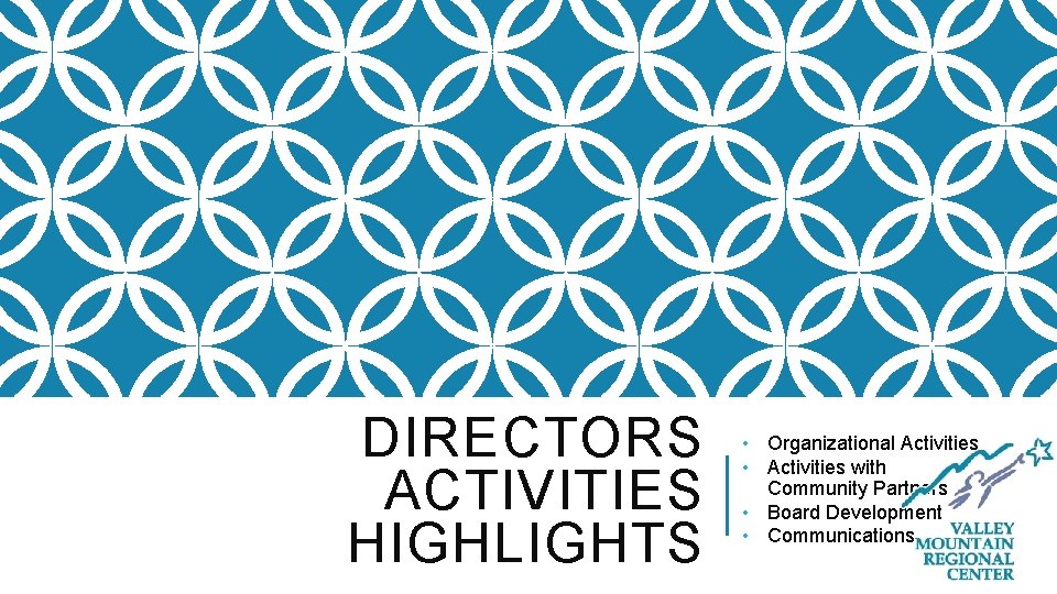 DIRECTORS ACTIVITIES HIGHLIGHTS • Organizational Activities • Activities with Community Partners • Board Development DIRECTORS ACTIVITIES HIGHLIGHTS • Organizational Activities • Activities with Community Partners • Board Development