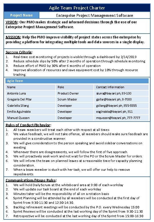 Agile Team Project Charter Project Name Enterprise Project Management Software VISION: Our PMO makes