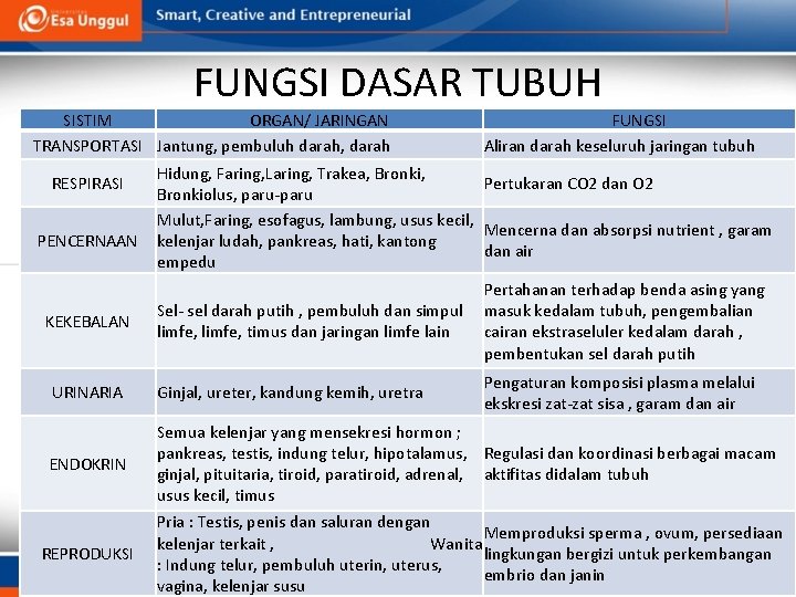 FUNGSI DASAR TUBUH SISTIM ORGAN/ JARINGAN TRANSPORTASI Jantung, pembuluh darah, darah RESPIRASI PENCERNAAN FUNGSI