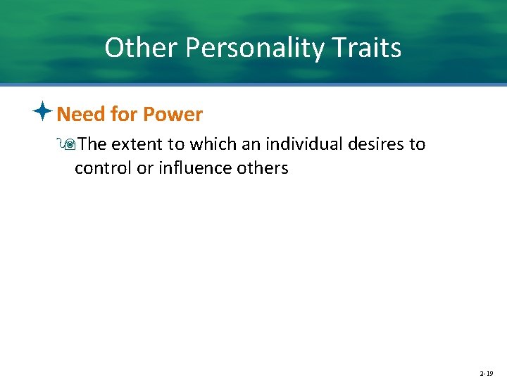 Other Personality Traits ªNeed for Power 9 The extent to which an individual desires