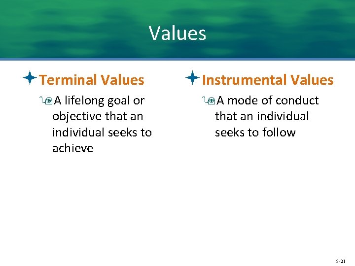 Values ªTerminal Values 9 A lifelong goal or objective that an individual seeks to