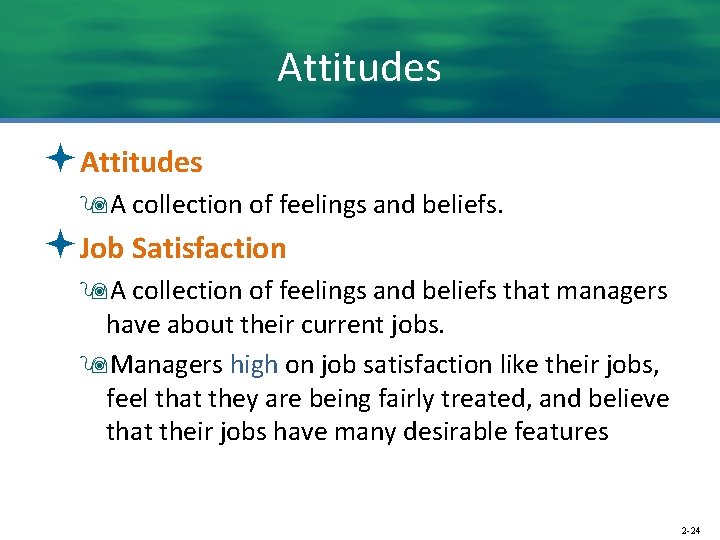 Attitudes ªAttitudes 9 A collection of feelings and beliefs. ªJob Satisfaction 9 A collection