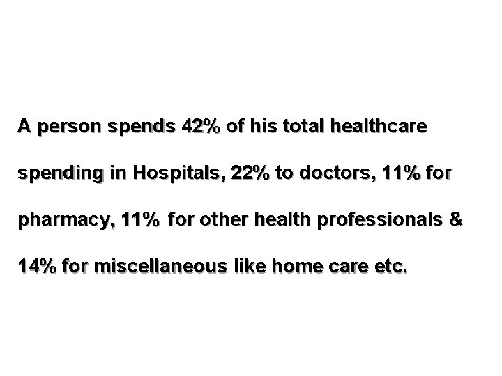 A person spends 42% of his total healthcare spending in Hospitals, 22% to doctors,