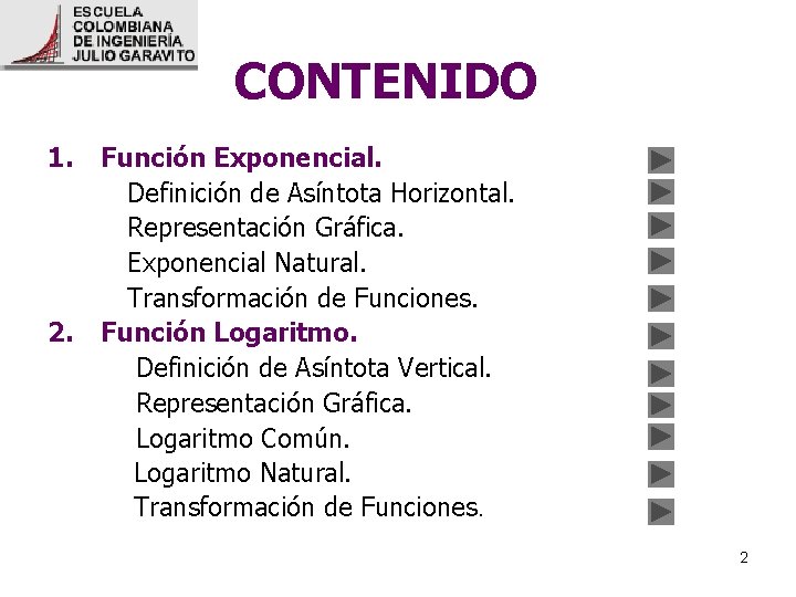 CONTENIDO 1. 2. Función Exponencial. Definición de Asíntota Horizontal. Representación Gráfica. Exponencial Natural. Transformación CONTENIDO 1. 2. Función Exponencial. Definición de Asíntota Horizontal. Representación Gráfica. Exponencial Natural. Transformación