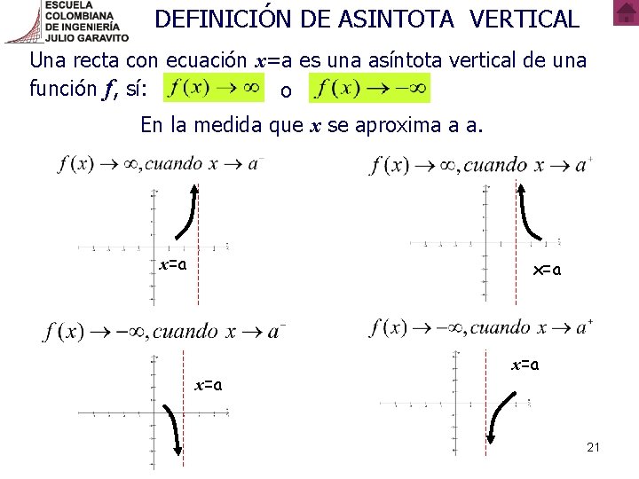 DEFINICIÓN DE ASINTOTA VERTICAL Una recta con ecuación x=a es una asíntota vertical de DEFINICIÓN DE ASINTOTA VERTICAL Una recta con ecuación x=a es una asíntota vertical de