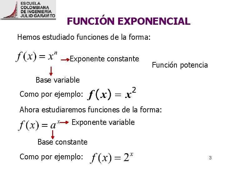 FUNCIÓN EXPONENCIAL Hemos estudiado funciones de la forma: Exponente constante Función potencia Base variable FUNCIÓN EXPONENCIAL Hemos estudiado funciones de la forma: Exponente constante Función potencia Base variable