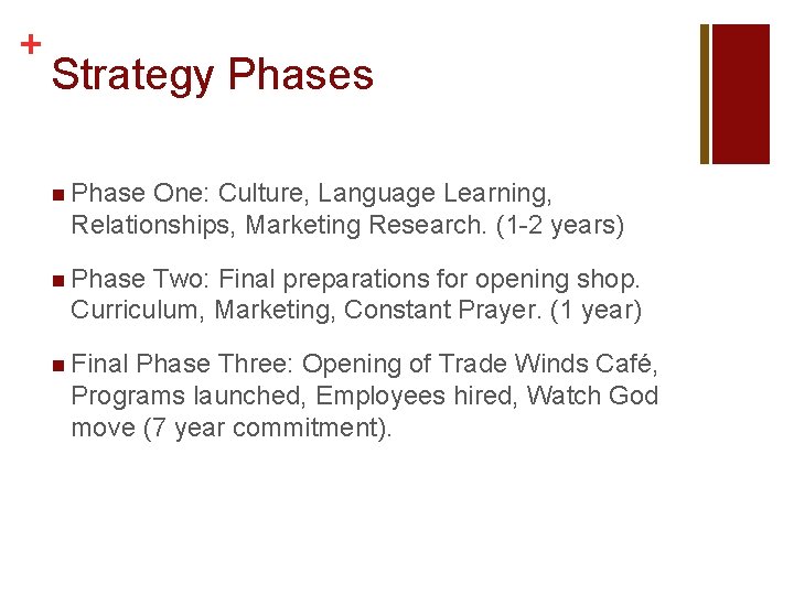 + Strategy Phases n Phase One: Culture, Language Learning, Relationships, Marketing Research. (1 -2