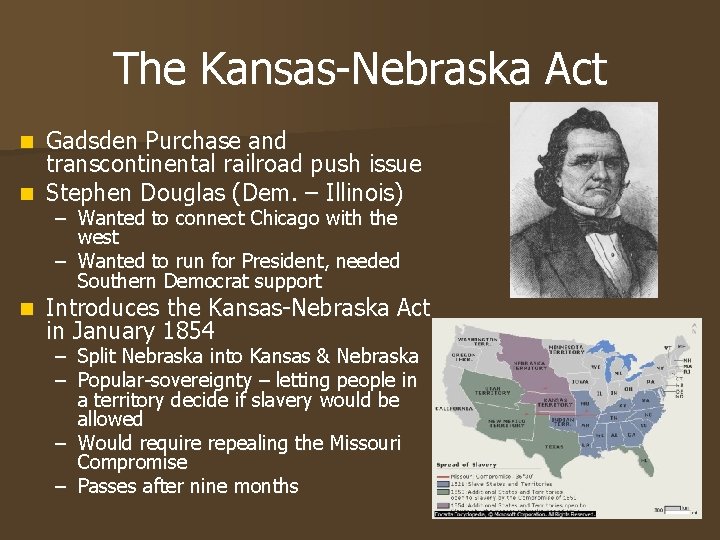 The Kansas-Nebraska Act Gadsden Purchase and transcontinental railroad push issue n Stephen Douglas (Dem. The Kansas-Nebraska Act Gadsden Purchase and transcontinental railroad push issue n Stephen Douglas (Dem.