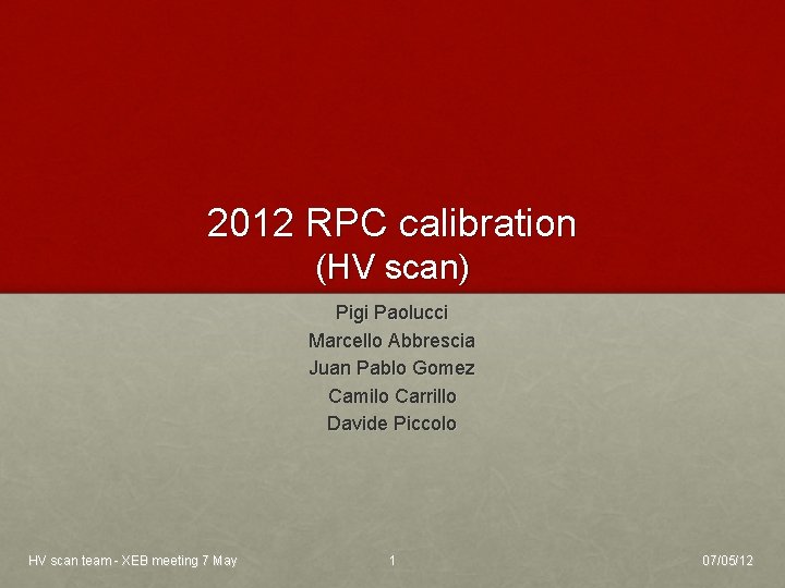 2012 RPC calibration (HV scan) Pigi Paolucci Marcello Abbrescia Juan Pablo Gomez Camilo Carrillo